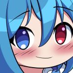 1girl blue_eyes blue_hair blush bmkro close-up closed_mouth commentary commission english_commentary heterochromia looking_at_viewer lowres raised_eyebrows red_eyes smile solo tatara_kogasa touhou transparent_background upper_body 