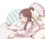  2girls asymmetrical_hair bangs blonde_hair brown_hair closed_eyes collared_shirt diana_cavendish kagari_atsuko little_witch_academia long_hair long_sleeves lying multicolored_hair multiple_girls on_back pillow shirt simple_background sleeping tonton_(mathcaca24) two-tone_hair white_background white_shirt yuri 