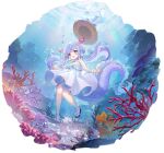  1girl air_bubble azur_lane bare_shoulders black_footwear blank_eyes blue_eyes blue_hair blush bubble coral dragon_girl dragon_horns dragon_tail dress frilled_dress frills hat highres horns jewelry logo lung_wu_(azur_lane) lung_wu_(invitation_to_jade_seas)_(azur_lane) necklace non-web_source official_alternate_costume official_art open_mouth red_horns sandals shaded_face shell shell_necklace shnva short_dress sleeveless sleeveless_dress smile smug solo sparkle sparkling_eyes sun_hat symbol-shaped_pupils tail underwater white_dress 