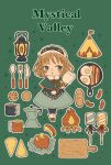  1girl bacon black_skirt blush_stickers braid bread brown_hair campfire capelet cerika cookie cup cutting_board egg food fork frying_pan full_body gloves green_eyes grey_background headdress highres marshmallow original ribbon sausage shoes skirt solo sparkle spoon tent 