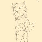  abs anthro big_breasts bottomwear breasts canid canine canis clothed clothing denim denim_bottomwear denim_clothing female hi_res jeans looking_at_viewer mammal monochrome nipples pants pose sketch solo tail tibertonea2c topless torn_bottomwear torn_clothing torn_jeans torn_pants wolf 