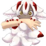  1girl 1other anus auchu_jin biting biting_another&#039;s_hand blush body_fur chibi claws colored_skin dark-skinned_female dark_skin disembodied_hand extra_arms fang faputa fewer_digits fluff grabbing_another&#039;s_arm grabbing_another&#039;s_hand hair_between_eyes highres looking_at_viewer made_in_abyss monster_girl multiple_tails red_claws simple_background solo_focus tail twitter_username very_dark_skin white_background white_fur white_hair yellow_eyes 