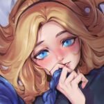  2girls blonde_hair blue_eyes blue_hair blush braid close-up hairband highres holding_another&#039;s_hair jinx_(league_of_legends) league_of_legends long_hair looking_at_viewer lux_(league_of_legends) multiple_girls out_of_frame parted_lips phantom_ix_row portrait yuri 