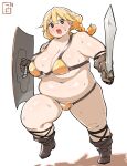  1girl armor bikini bikini_armor blonde_hair blue_eyes blush boots braid breasts brown_footwear commentary_request fat gauntlets hair_between_eyes holding holding_shield holding_sword holding_weapon large_breasts looking_at_viewer micro_bikini navel obese open_mouth original shield simple_background standing standing_on_one_leg sweat swimsuit sword thick_arms thick_thighs thighs twin_braids v-shaped_eyebrows weapon white_background zuisawa 