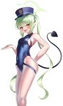  1girl absurdres bare_arms bare_shoulders black_hat black_one-piece_swimsuit black_tail blue_archive blush breasts competition_swimsuit demon_tail fang feet_out_of_frame green_hair green_halo halo hat highres long_hair looking_at_viewer nozomi_(blue_archive) one-piece_swimsuit open_mouth peaked_cap pointy_ears shirosaba simple_background skin_fang small_breasts smile solo swimsuit tail white_background yellow_eyes 
