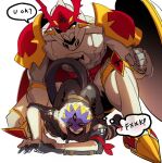  armor ass_in_crotch ass_up bandai_namco beelzemon blonde_hair blush butt demon digimon digimon_(species) duo embarrassed gallantmon hair headgear helmet hi_res humanoid knight male male/male mask red_eyes rode3434 suggestive_pose tail tailed_humanoid warrior yellow_eyes 