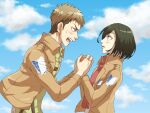  1boy 1girl black_hair blush brown_hair cloud cloudy_sky commentary_request day holding_hands jean_kirstein long_sleeves looking_at_another mikasa_ackerman military_uniform multicolored_hair nervous_sweating ngnjaot open_mouth outdoors red_scarf scarf shingeki_no_kyojin short_hair sky sweat two-tone_hair uniform 
