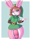 2020 anthro belt big_penis border bottomless brown_hair buckteeth clothed clothing dipstick_ears fur genitals green_background green_clothing green_eyes green_headwear green_topwear hair half-closed_eyes hand_behind_back headgear headwear hi_res lagomorph leporid link_(rabbit_form) male mammal multicolored_ears narrowed_eyes nintendo not_safe_for_reality penis pink_body pink_fur pink_nose pink_penis rabbit raised_arm simple_background solo teeth the_legend_of_zelda thick_thighs topwear tunic video_games white_body white_border white_fur wide_hips 