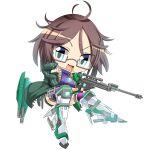  1girl armored_boots black-framed_eyewear blue_eyes blue_gemstone boots breasts brown_hair candy character_request chibi coat commentary_request crystal food full_body gem glasses green_coat gun holding holding_gun holding_weapon hop_step_jumpers jewelry lets0020 lollipop looking_at_viewer medium_bangs medium_breasts messy_hair open_clothes open_coat open_mouth pendant purple_shirt purple_thighhighs rifle semi-rimless_eyewear shirt short_hair simple_background sleeveless sleeveless_shirt smile sniper_rifle solo thighhighs transparent_background under-rim_eyewear v-shaped_eyebrows weapon 