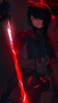  1girl absurdres belt black_gloves black_hair black_jacket black_pants buckle dark eye_contact eyelashes gloves glowing glowing_clothes glowing_eye glowing_sword glowing_weapon hair_over_one_eye highres jacket lewdicy looking_at_another original pants ponytail red_background red_eyes red_jacket sword thigh_strap tight_clothes weapon 