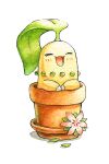  :d ^_^ blush chikorita closed_eyes commentary english_commentary flower flower_pot happy in_pot leaf no_humans oliver_hamlin open_mouth painting_(medium) pink_flower pokemon pokemon_(creature) simple_background smile solo traditional_media watercolor_(medium) white_background 