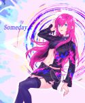  absurdres belt black_jacket black_thighhighs blue_eyes choker hand_on_own_head highres jacket long_hair looking_at_viewer lyrics megurine_luka midriff navel open_mouth paint pink_hair shiliuhua shorts tagme thighhighs vocaloid 