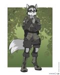  ambiguous_gender anthro bandanna black_hair black_markings black_nose canid cheek_tuft clothed clothing colored digital_media_(artwork) dipstick_tail facial_tuft female_(lore) flat_colors foxboy83 full-length_portrait fully_clothed fur grey_bandanna grey_body grey_fur grey_kerchief hair hi_res kerchief mammal markings military military_uniform portrait short_hair simple_background solo standing tail tail_markings tuft uniform white_body white_fur white_markings 