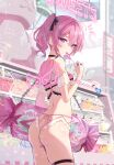  1girl animal_ears bare_shoulders black_choker blurry blurry_background breasts candy choker detached_sleeves food frilled_panties frills highres holding holding_candy holding_food holding_lollipop lollipop looking_at_viewer looking_back omelet_tomato original panties pink_hair pink_sailor_collar purple_eyes revealing_clothes sailor_collar shirt small_breasts solo thigh_strap twintails underboob underwear white_shirt 