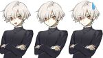  1boy :&lt; absurdres black_jacket call_of_cthulhu character_request closed_mouth crossed_arms gakuran highres jacket long_sleeves male_focus mingjing_fangfu_keyi_zhanduan_chuntian multicolored_eyes open_mouth school_uniform short_hair simple_background smile sweatdrop upper_body variations white_background white_hair xiaohuaitongxue 