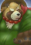  2024 anthro belly blush brown_body brown_fur canid canine clothed clothing fur gyobu_(tas) hat headgear headwear hi_res humanoid_hands kemono lifewonders male mametanu_tanuki mammal one_eye_closed overweight overweight_male portrait raccoon_dog scar solo tanuki tokyo_afterschool_summoners wink 