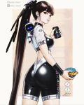  1girl alternate_costume arte_frond ass astro_bot_(series) back black_hair breasts can drink_can earrings eve_(stellar_blade) game_console headphones highres jewelry long_hair looking_back playstation_5 playstation_logo playstation_symbols ponytail product_placement robot smile soda_can solo stellar_blade very_long_hair 