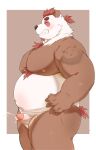  2024 anthro bear blush bodily_fluids brown_body cum ejaculation erection eyes_closed genital_fluids genitals giant_panda hi_res kemono male mammal overweight overweight_male penis simple_background smile solo tattoo tengzai05 white_body 