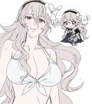  1girl absurdres bare_shoulders black_hairband blush breasts cake cape chibi chibi_inset cleavage corrin_(female)_(fire_emblem) corrin_(female)_(summer)_(fire_emblem) corrin_(fire_emblem) dango fire_emblem fire_emblem_fates fire_emblem_heroes flower food grey_hair hair_between_eyes hair_flower hair_ornament hairband highres long_hair looking_at_viewer official_alternate_costume pointy_ears red_eyes saliva sou_mei very_long_hair wagashi wet white_background 
