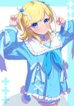 1girl blonde_hair blue_background blue_choker blue_eyes blue_footwear blue_neckerchief blue_ribbon choker collared_shirt commentary_request cowboy_shot frilled_shirt frilled_shirt_collar frills hair_ornament hands_up heart heart_hair_ornament highres himitsu_no_aipri hoshikawa_mitsuki long_hair long_sleeves looking_at_viewer moukinui neckerchief open_mouth pretty_series ribbon shirt shoes shorts smile solo standing standing_on_one_leg tenshi_kaiwai two_side_up white_shorts 