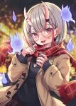  1girl absurdres blurry chameleon_(chameleon0613) cup depth_of_field glasses grey_hair hair_between_eyes highres holding holding_cup hololive horns jacket multicolored_hair nail_polish nakiri_ayame oni open_clothes open_jacket red_eyes scarf smile streaked_hair virtual_youtuber 