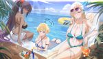  3girls absurdres ass asuna_(blue_archive) beach_chair black_hair blonde_hair blue_archive blue_eyes blue_halo blue_sky bottle breasts cleavage closed_mouth cloud day flower grin hair_flower hair_ornament halo highres huge_breasts innertube kakumayu karin_(blue_archive) large_breasts light_brown_hair looking_at_viewer multiple_girls outdoors partially_submerged ponytail pool sitting sky smile sunglasses swim_ring toki_(blue_archive) tray water 