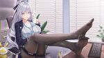  1girl absurdres black_jacket black_pantyhose bookshelf breasts bronya_zaychik bronya_zaychik_(outstanding_attitude)_(honkai_impact) bronya_zaychik_(silverwing:_n-ex) chinese_commentary cleavage collarbone commentary_request earrings flag888 grey_eyes grey_hair grey_shirt hair_between_eyes high_ponytail highres homu_(honkai_impact) honkai_(series) honkai_impact_3rd indoors jacket jewelry keyboard_(computer) large_breasts legs_on_table looking_at_viewer no_shoes office office_lady official_alternate_costume open_clothes open_jacket pantyhose parted_lips plant potted_plant red_pupils ribbed_shirt shirt sitting solo thigh_strap window_blinds 