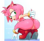 5_fingers amy_rose anthro anus blush bodily_fluids boots breasts butt clothing crouching eulipotyphlan female fingers footwear genital_fluids genitals gloves green_eyes handwear hedgehog hi_res high_heeled_boots high_heels looking_at_viewer mammal mostly_nude pink_body pussy raised_tail sega signature simple_background smile solo sonic_the_hedgehog_(series) stradivarius tail tail_grab tongue tongue_out vaginal_fluids