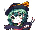  1girl black_hat blouse bow buttons cat diamond_button downvote_(downvote_me) frilled_shirt_collar frilled_sleeves frills green_hair hat hat_bow hat_ribbon komeiji_koishi pixel_art ribbon shirt solo touhou upper_body wide_sleeves yellow_bow yellow_ribbon yellow_shirt 