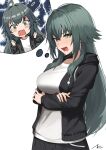  1girl :o arms_under_breasts black_jacket blush breasts commentary_request gakuen_idolmaster green_eyes green_hair hair_flaps highres holding_own_arm hood hooded_jacket idolmaster jacket large_breasts long_hair looking_at_viewer open_clothes open_jacket oregano_(olgn_eao) raised_inner_eyebrows shirt signature simple_background solo tears thought_bubble tsukimura_temari very_long_hair white_background white_shirt 