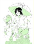  1boy 1girl black_hair boots closed_mouth father_and_daughter green_eyes green_hair highres holding holding_umbrella koiwai_yotsuba long_hair long_sleeves looking_at_another manomitsudomoe mr._koiwai open_mouth pants raincoat sandals shirt short_hair short_sleeves shorts simple_background smile squatting standing standing_on_one_leg t-shirt umbrella water_drop white_background yotsubato! 