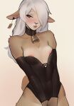  2024 ann_the_sheep anthro armwear bell bell_collar black_armwear black_clothing blue_eyes blush blush_lines bovid breasts caprine clothing collar cowbell digital_media_(artwork) ear_piercing ear_tag female front_view fur hair hair_over_eye holymeh horizontal_pupils long_hair looking_at_viewer mammal narrowed_eyes nipple_slip nipples one_eye_obstructed piercing pink_nipples pivoted_ears pupils scut_tail sheep short_tail simple_background small_breasts solo tail tan_body tan_fur tight_clothing white_hair 