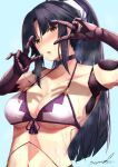  1girl :o android armpits arms_up bangs bikini black_hair blue_background blush breasts brown_eyes cleavage collarbone double_v eyebrows_visible_through_hair fate/grand_order fate_(series) front-tie_bikini front-tie_top high_ponytail joints katou_danzou_(fate/grand_order) long_hair looking_at_viewer medium_breasts navel open_mouth parted_bangs ribbon robot_joints sebire sidelocks signature simple_background solo steaming_body straight_hair sweat swimsuit tassel underboob upper_body v v_over_eye very_long_hair white_bikini yellow_ribbon 