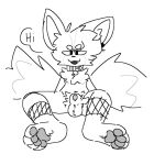  2_tails animal_genitalia animal_humanoid anthro balls bottomless bottomless_anthro bottomless_male canid canid_humanoid canine canine_humanoid choclattemilk clothed clothing collar english_text fishnet_clothing fishnet_legwear fox_humanoid front_view genitals humanoid jewelry legwear looking_at_viewer male mammal mammal_humanoid monochrome multi_tail nipples partially_clothed pawpads paws sheath sitting solo tail text topless topless_anthro topless_male 