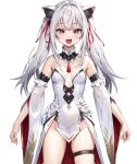  1girl animal_ear_fluff animal_ears blush breasts cat_ears commentary dikko dikko-chan extra_ears facing_viewer fang flower grey_hair hair_between_eyes hair_ribbon heart heart-shaped_pupils leotard navel open_mouth original pattern_request red_eyes red_ribbon ribbon small_breasts smile solo straight-on symbol-shaped_pupils thigh_strap thighs twintails virtual_youtuber white_background white_hair white_leotard white_sleeves 