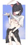  1girl animal_ears barbell_piercing black_hair blue_archive blue_background bob_cut bottomless breasts cat_ears choker clothes_around_waist clothes_lift colored_inner_hair female_pubic_hair halo highres kazusa_(band)_(blue_archive) kazusa_(blue_archive) leebo_(leeboxxx) multicolored_hair nail_polish nipple_piercing nipples perky_breasts piercing pink_hair pubic_hair red_eyes shirt_lift simple_background white_background 