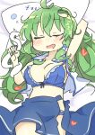  1girl animal arm_up blue_bra blue_panties blue_shirt blue_skirt bra breasts closed_eyes commentary_request cowboy_shot drooling frog_hair_ornament green_hair hair_ornament hand_up heart kochiya_sanae long_hair lying matsu_kitsune medium_breasts messy_hair mouth_drool on_back open_clothes open_mouth open_shirt open_skirt panties shirt sketch skirt sleeping sleeveless sleeveless_shirt snake solo sound_effects split_mouth touhou underwear zzz 