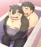  2020 anthro bathtub belly canid canine canis chubby_protagonist_(tas) domestic_dog duo hug hugging_from_behind human kemono male male/male mammal moobs moritaka nipples overweight overweight_male penta002 protagonist_(tas) sitting tokyo_afterschool_summoners video_games water 