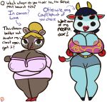  animal_crossing anthro barely_contained big_breasts bottomwear bovid bovine breasts cattle cleavage cleavage_overflow clothed clothing duo female hi_res hotpants klutzatdusk looking_at_viewer luna_(animal_crossing) mammal midriff naomi_(animal_crossing) nintendo nipple_outline nipple_slip shorts size_difference skimpy slightly_chubby slightly_chubby_female tapir thick_thighs wide_hips 