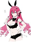  1girl animal_ears baobhan_sith_(fate) bare_shoulders bra breasts cleavage cropped_vest earrings fake_animal_ears fate/grand_order fate_(series) grey_eyes highres jewelry large_breasts long_hair looking_at_viewer mo_(aabx315) navel pink_hair pointy_ears rabbit_ears rabbit_tail short_shorts shorts sidelocks solo tail thighs twintails underwear vest wrist_cuffs 