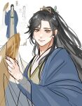  1boy black_hair blue_hanfu chinese_clothes english_commentary grey_eyes hair_ornament hair_stick hanfu hat high_ponytail highres holding holding_clothes holding_hat long_sleeves looking_at_viewer male_focus official_art_inset pewbirdy renzha_fanpai_zijiu_xitong shen_qingqiu smile solo unworn_hat unworn_headwear weimao wide_sleeves 