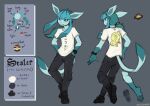  anthro biped blue_body blue_fur blue_sclera clothed clothing eeveelution english_text front_view fur generation_4_pokemon glaceon grey_background hand_in_pocket hi_res looking_at_viewer looking_back looking_back_at_viewer male model_sheet nintendo pawpads pockets pokemon pokemon_(species) rear_view sealer4258 simple_background smile solo tail text white_eyes 