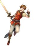  1boy attack brown_eyes brown_gloves brown_hair clenched_teeth edward_(fire_emblem) fingerless_gloves fire_emblem fire_emblem:_radiant_dawn fire_emblem_heroes gloves highres holding holding_sword holding_weapon non-web_source official_art scabbard sheath solo sword teeth v-shaped_eyebrows weapon 