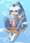  1girl air_bubble andorlier armor artist_name blue_armor blue_eyes blue_helmet bubble commentary_request cup drinking_straw english_text forehead_jewel helmet highres holding holding_cup leviathan_(skullgirls) mega_man_(series) mega_man_zero_(series) solo underwater 