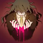  1boy 4_(nakajima4423) blazer blood blood_drip blood_on_hands brown_jacket collared_jacket collared_shirt commentary_request cropped_torso crying crying_with_eyes_open danganronpa_(series) danganronpa_v3:_killing_harmony fingernails gokuhara_gonta green_hair green_necktie hair_over_eyes jacket lapel_pin lapels long_hair long_sleeves male_focus messy_hair necktie notched_lapels open_mouth pink_blood red_background sad shirt simple_background solo spoilers straight-on teardrop tears white_shirt 