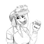  1:1 2020 anthro armor bomb breasts canid canine canis cleavage clothed clothing detonator domestic_dog explosives female headgear helmet hi_res hladilnik mammal monochrome open_mouth open_smile samantha_thott scar sketch smile solo suicide_bomber 