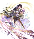  1girl armor ayra_(fire_emblem) ayra_(resplendent)_(fire_emblem) black_hair boots breastplate drawing_sword dress earrings fire_emblem fire_emblem:_genealogy_of_the_holy_war fire_emblem_heroes highres holding holding_sword holding_weapon jewelry light long_hair looking_at_viewer non-web_source official_alternate_costume official_art open_mouth purple_dress purple_eyes scabbard sheath smile solo sword tachi-e thigh_boots thigh_strap v-shaped_eyebrows weapon white_footwear 