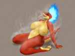  4:3 anthro areola big_breasts breasts female fire flaming_hair forked_tongue genitals hi_res huge_breasts lizard long_tongue lurking_tyger nipples non-mammal_breasts nude pseudo_hair pussy red_body reptile scalie sharp_teeth simple_background solo steam teeth tongue tongue_out 