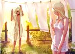  2girls arm_at_side arms_up backlighting black_hair blonde_hair bloom breasts clothesline collarbone covered_navel covered_nipples covering_body dress feet fence flower full_body grass hair_behind_ear highres holding holding_towel iskanderednaksi leaf long_hair looking_at_another medium_breasts medium_hair multiple_girls nature navel nipples original outdoors purple_eyes runes see-through see-through_dress see-through_silhouette silhouette sleeveless sleeveless_dress small_breasts standing sunlight towel white_towel 