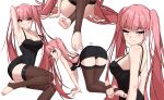  1girl absurdres all_fours arm_up armpits artist_name black_dress black_panties blunt_bangs blush breasts brown_thighhighs cleavage closed_mouth collarbone commentary dorsiflexion dress eyelashes feet fire_emblem fire_emblem:_three_houses foot_out_of_frame from_behind full_body highres hilda_valentine_goneril large_breasts legs long_hair looking_at_viewer looking_back multiple_views no_shoes panties pink_eyes pink_hair short_dress sidelocks simple_background skindentation smile soles stirrup_legwear thighhighs thighs toeless_legwear toenails toes twintails underwear very_long_hair white_background x_xith_x 